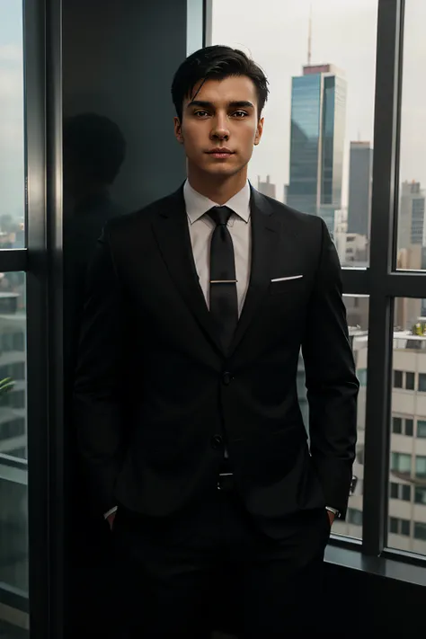 young man with short black hair that is standing in front of a window of a skyscraper, body muscular but thin, waring a suit, photorealistic taken by the side, in bucarest