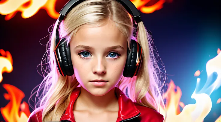 10 years old girl BLONDE CHILD, golden eyes, platinum haired girl, there is a woman with neon headphone. and a red background, on fire, flames in the background, flames surround her, fire and flames and smoke, portrait shot, promotional art, red flames in ...