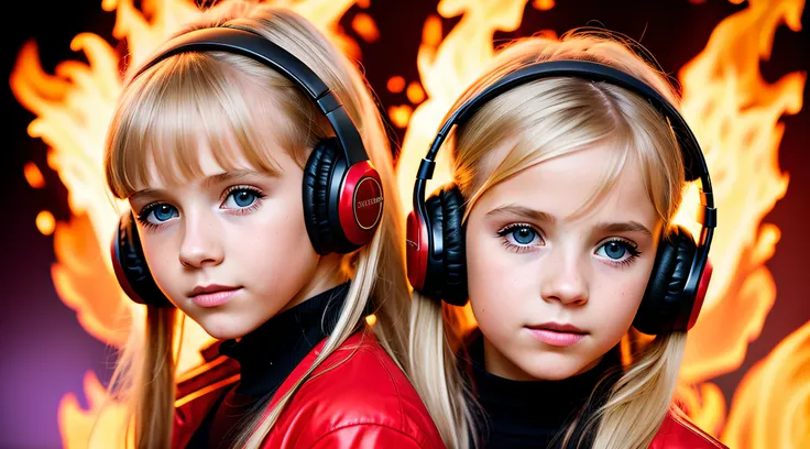 10 years old girl BLONDE CHILD, golden eyes, platinum haired girl, there is a woman with neon headphone. and a red background, on fire, flames in the background, flames surround her, fire and flames and smoke, portrait shot, promotional art, red flames in ...