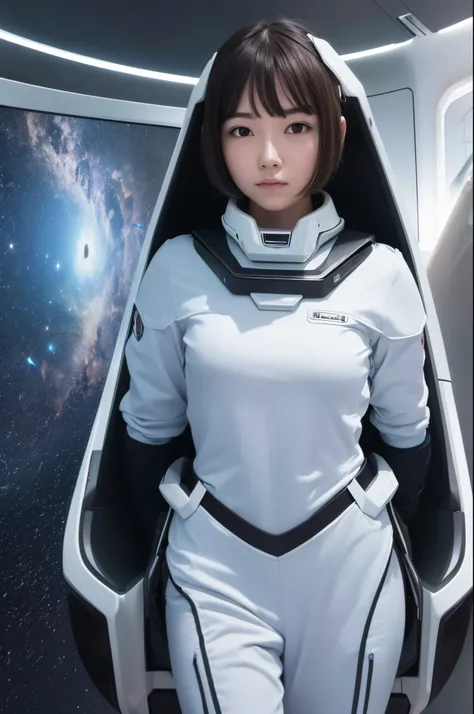 1girl,solo,best quality, masterpiece, 8k,raw photo, photo (object), Year 2510, a Futuristic Space Woman stands at her giant view screen exploring space.