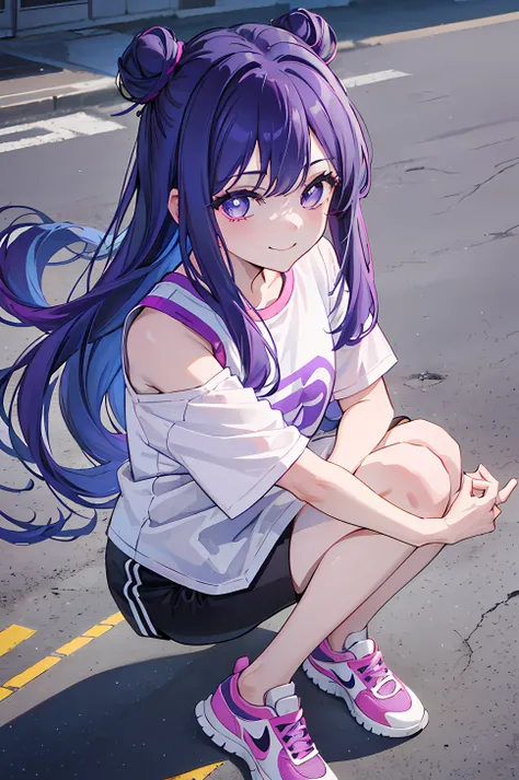 (purple-blue,long hair,dark long hair,shoulder length),(twobuns,hairbuns,double buns),(purple-pink,wide eyes,big eyes),(long eyelashes,detailed eyelashes),(cute girl,adorable girl),(short t shirt,short-sleeved t-shirt),(short pants,short shorts),(nike shoe...