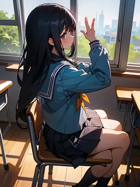 Best quality, (background is a school classroom), 1 girl, sitting on a school chair, looking out the window, (gazing at the view from the classroom window), (classroom scene: 1.3), black long-sleeved sailor uniform, black pleated skirt, black hair, long ha...