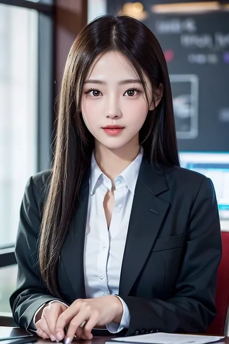 hight resolution, Realistic portrait of professional Korean office lady with perfect skin，Professional suit，Womens Suits，standing athletic pose，The upper part of the body，Women at work，Show confidence and maturity, Surrounded by a modern corporate environm...