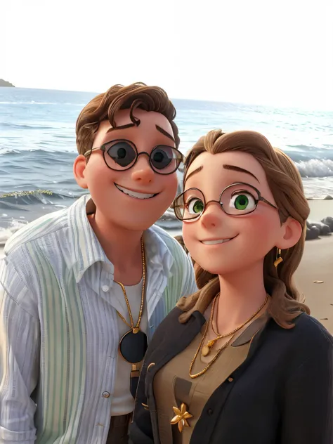 A boy and a girl are standing on the beach. The girl is on the right, has light brown hair and green eyes. She’s wearing a black top, a gold flower necklace and golden earrings. The boy is on the left, has dark brown curly hair and green eyes. He’s wearing...