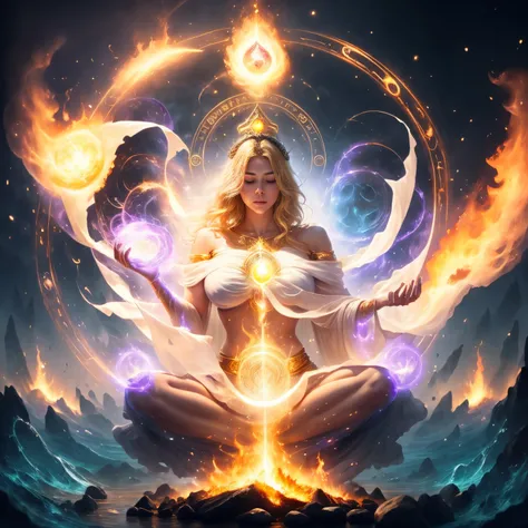 Immortal goddess, super beautiful, 8k, super big breasts, bare shoulders, billowing blonde hair, meditating, light white cloth covering part of her body, sitting cross-legged, golden glowing magic circle rotating behind her, magical aura surrounding her pa...