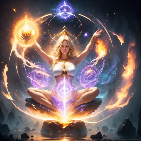 Immortal goddess, super beautiful, 8k, super big breasts, bare shoulders, billowing blonde hair, meditating, light white cloth covering part of her body, sitting cross-legged, golden glowing magic circle rotating behind her, magical aura surrounding her pa...