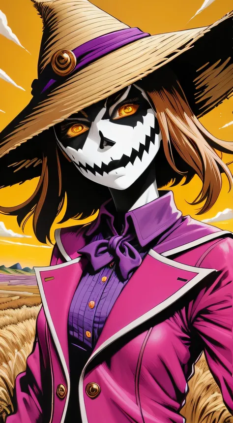 (masterpiece, best quality), A Card Art. Close Up shot, oil painting, ultra detailed illustration of Scarecrow girl, pink and purple clothes, straw hat, background of a storm and arid grassland, fantasy art, manga, anime, flat lights, flat colors, UHD