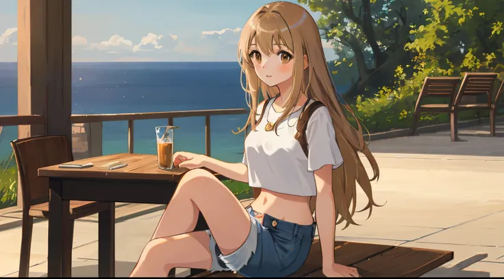 A girl with long, dark blonde hair and light brown eyes sitting at a table in a square, wearing a crop top and denim shorts