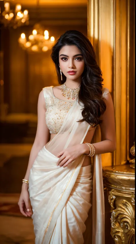 ((Best quality, 8k, Masterpiece :1.3)), Sharp focus :1.2, Generate a realistic image of a beautiful sexy Indian woman dressed in a white Kasava saree, adorned with traditional ornaments, standing in a well-lit room with cinematic lighting. ((Front view, ra...