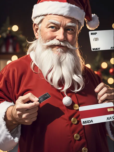 🎅santa claus dressed in classic red dress, perfect eyes, (holding and showing a white credit card in his hand: 1.3), cozy ambient, warm colors, hyperrealistic