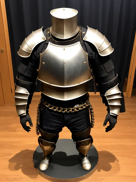 Black Chain Plate Armor with a slim white band around the left pauldron with Closed Knight helmet