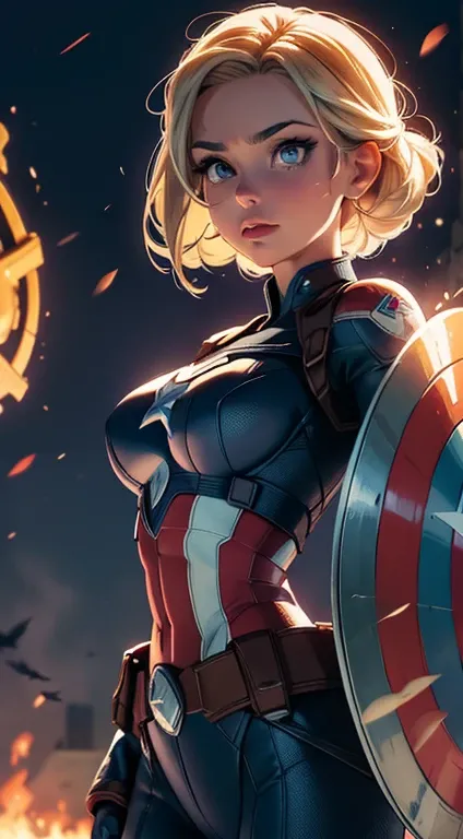 Elsa-Captain America Fusion, Captain Americas Clothes, Cabelos brancos da Elsa, melting, 1girl, Latex bodysuit, Captain Americas Shield, Beautiful, (master part:1.2), (melhor qualidade:1.2), ((pose de luta)), ((campo de batalha)), cinemactic, olhos perfeit...