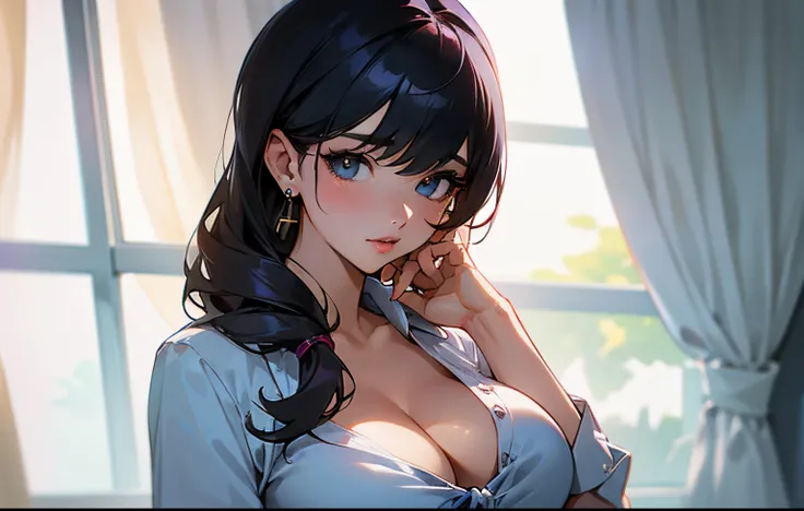 1girl, hair, breasts, cleavage, curtains, earrings, front-tie_top, jewelry, large_breasts, lips, looking_at_viewer, shirt, solo, tied_shirt, upper_body, shirt