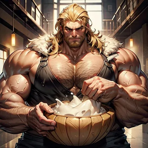 Photo, very tall gigantic massive handsome bodybuilder man, very hairy body, blond hair, with extremely big huge beefy massive round pecs, grabbing his pecs and milk coming out of nipples