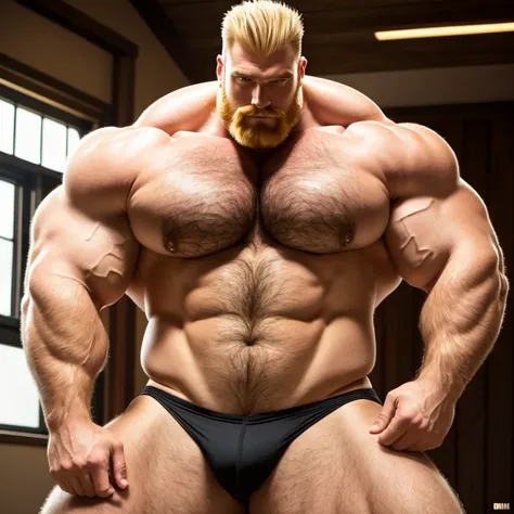 Photo, very tall gigantic massive handsome bodybuilder man, very hairy body, blond hair, with extremely big huge beefy massive round pecs, grabbing his pecs and milk coming out of nipples