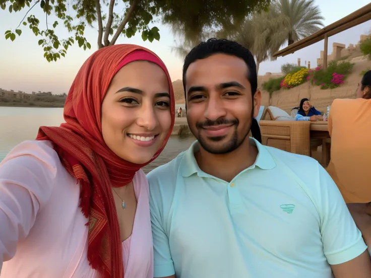 they are posing for a picture together in front of a lake, in egypt, happy couple, profile image, from egypt, ghutra and egal, smiling couple, profile picture, during sunset, at sunrise, portrait of two people, a picture, photo taken in 2 0 2 0, lovely cou...