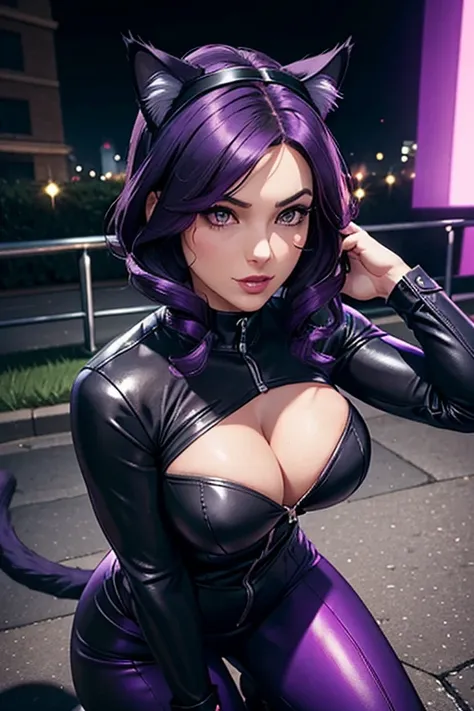 Only one woman , Theres an adult woman in a park, 35 years old, catwoman cosplay, Catwoman suit, cat ears,, Dark purple hair, black hair and purple streaks, cat ears on head, beautiful chest, Second life avatar, Beautifullscreenshot, Second life,, full bod...