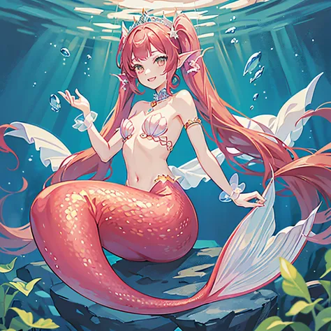 Pretty 15 years old princess magically transformed into a beautiful mermaid, race swap, none human, fish like, long mermaid tail below waistline, pointy ears, red fish scales on skin, drawn in anime style, very long pigtails red hair, long fangs, is smilin...