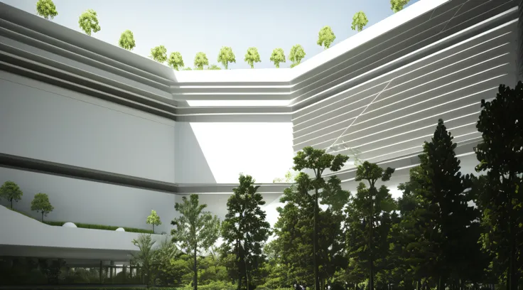 there is a large white building with a green roof and trees, inspired by Tadao Ando, white wall complex, architectural render, building cover with plant, build in a forest near of a lake, architecture render, with matsu pine trees, architectural rendering,...