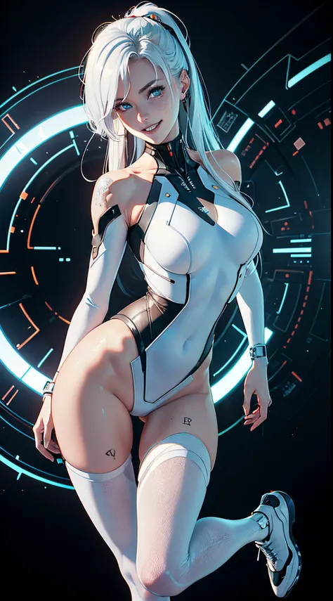 (((Young White Woman))), ((Best Quality)), ((Masterpiece)), (Detail: 1.4), 3D, A Beautiful Cyberpunk Woman with Simon Bisley-style micro thong, Genesis evangelion neon style clothing, 2-piece clothing, Long silver hair, arm tatoo, cybernetic hands, pastel,...