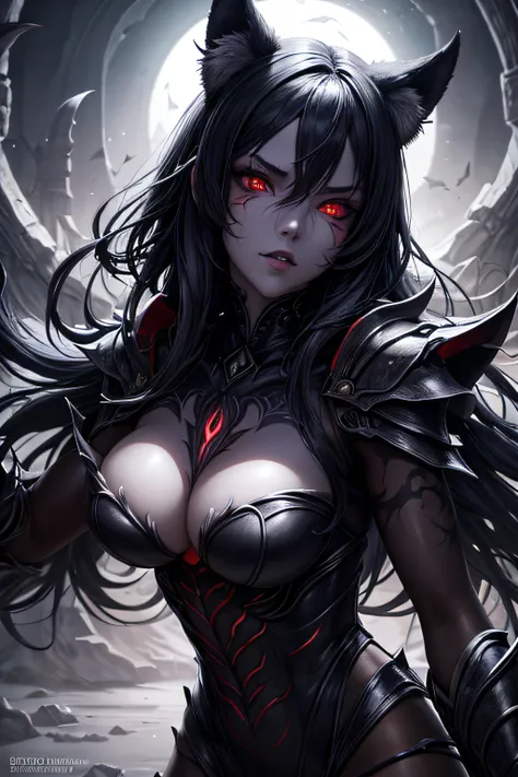 girl, werewolf monster girl, evil look, sexi, claws, demonic armor, facepaint, bodypaint, red glowing eyes, combat stance,  dark aura, menacing, psychotic, highly detailed, vibrant appearance, creative behavior, imaginative, sensual, spontaneous, highest q...