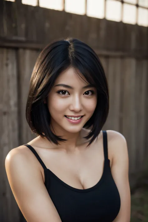 bottomless,sexy pose,boobs,muscular,cute face,beautiful face,seductive smile,bob hair,black hair,black eyes,night,ruins,Mysterious,masterpiece, extremely fine and beautiful,photorealistic,gravure,Japanese