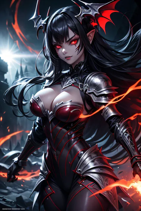 girl, vampire girl, evil look, sexi, fangs, vampire armored dress, facepaint, bodypaint, red glowing eyes, combat stance,  dark aura, menacing, psychotic, highly detailed, vibrant appearance, creative behavior, imaginative, sensual, spontaneous, highest qu...