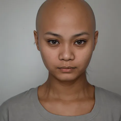 25 years old indonesian woman, (passport photo), (ultra detail:1.8), (neutral emotion), no make up, (bald:1), (facing the camera:1.8), (looking at the camera:1.8), grey background, face centered, even light