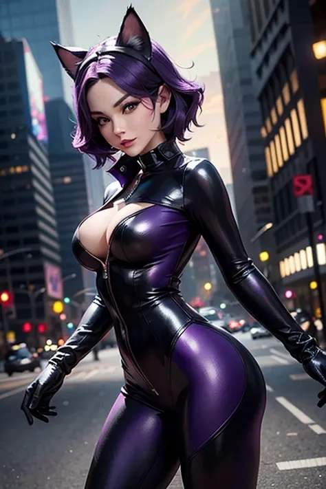 Only one woman , Theres an adult woman in a park, 35 years old, catwoman cosplay, Catwoman suit, cat ears,, Dark purple hair, black hair and purple streaks, cat ears on head, Second life avatar, Beautifullscreenshot, Second life,, full body view, Front vie...