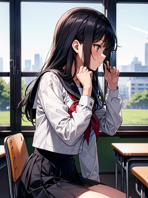 Best quality, (background is a school classroom), 1 girl, sitting on a school chair, the girl is looking at the window: 1.3, (the girl is gazing outside from the classroom window), (classroom scene: 1.3), (During class:1.3),black long-sleeved sailor unifor...