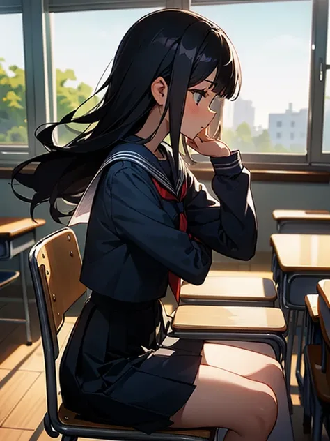 Best quality, (background is a school classroom), 1 girl, sitting on a school chair, the girl is looking at the window: 1.3, (the girl is gazing outside from the classroom window), (classroom scene: 1.3), (During class:1.3),black long-sleeved sailor unifor...