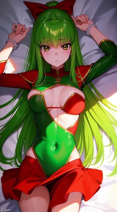 masterpiece, best quality, 1 solo girl, green hair, yelloe eyes, long hair, wavy hair, Christmas ornaments, medium breasts, mature body and face, red christmas dress, christmas, christmas light, christmas tree, red gloves, red santa skirt, holding gift, re...