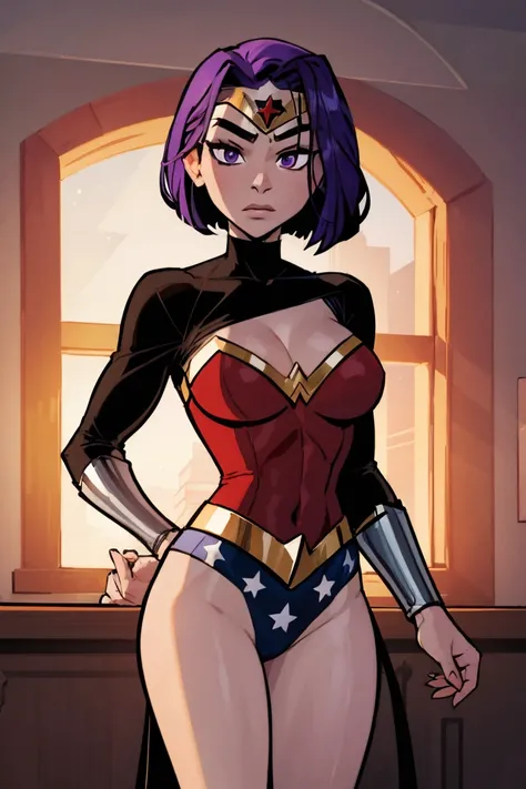 Raven wearing wonder woman costume, RavenTT, short hair, purple eyes, red jewel in forehead, wearing wonderwoman costume