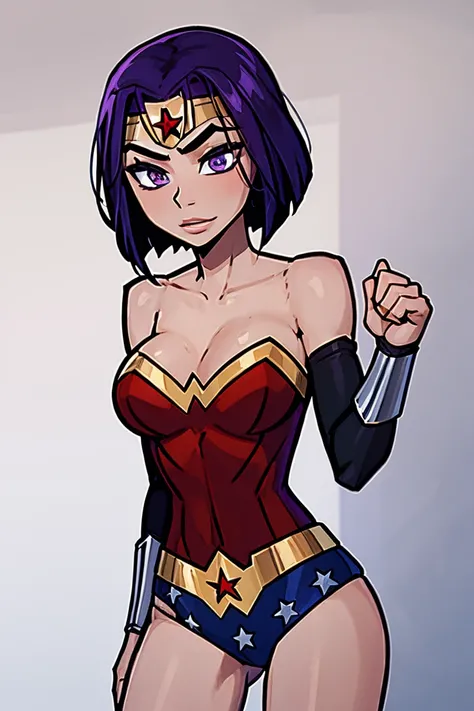 Raven wearing wonder woman costume, RavenTT, short hair, purple eyes, red jewel in forehead, wearing wonderwoman costume