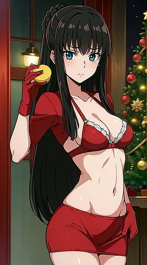 masterpiece, best quality, 1 solo girl, black hair, blue eyes, long hair, wavy hair, Christmas ornaments, medium breasts, mature body and face, red christmas dress, christmas, christmas light, christmas tree, red gloves, red santa skirt, holding gift, red ...