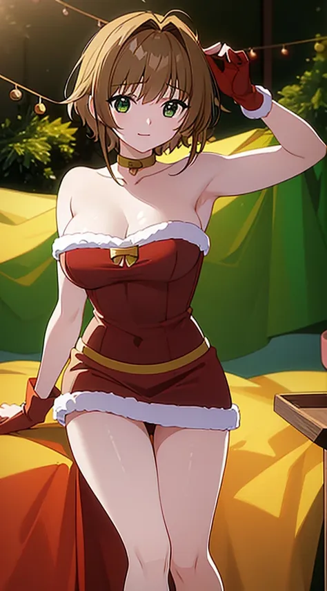 masterpiece, best quality, 1 solo girl, browm hair, green eyes, short hair, wavy hair, christmas ornaments, medium breasts, matu...