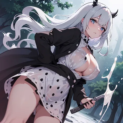 ((1 knife woman)),((tight white blouse with black dots, blouse wet with milk, tight mini skirt))),((very huge breasts, breasts gushing milk, erect breasts, naked pussy)),((hair black with white polka dots)),((close eye, hopeless face)),((standing, In a hau...