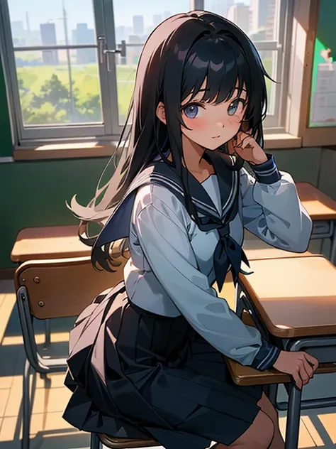 Best quality, (background is a school classroom), 1 girl, sitting on a school chair,((girl is looking at the window:1.3)), (girl is gazing outside from the classroom window), (classroom scene: 1.3), (During class:1.3),black long-sleeved sailor uniform, bla...