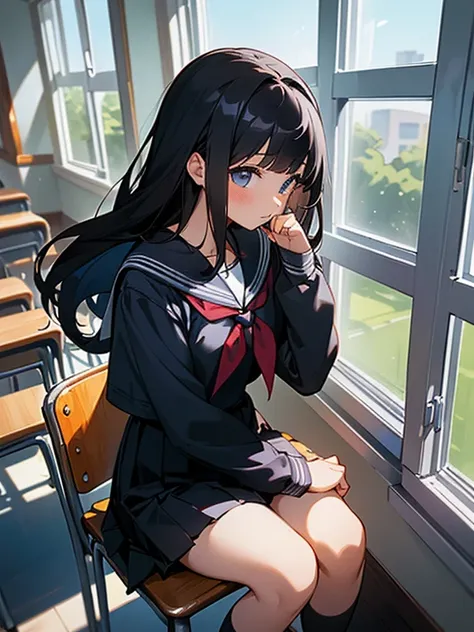 Best quality, (background is a school classroom), 1 girl, sitting on a school chair,((girl is looking at the window:1.3)), (girl is gazing outside from the classroom window), (classroom scene: 1.3), (During class:1.3),black long-sleeved sailor uniform, bla...