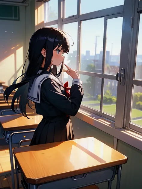 Best quality, (background is a school classroom), 1 girl, sitting on a school chair,((girl is looking at the window:1.3)), (girl is gazing outside from the classroom window), (classroom scene: 1.3), (During class:1.3),black long-sleeved sailor uniform, bla...