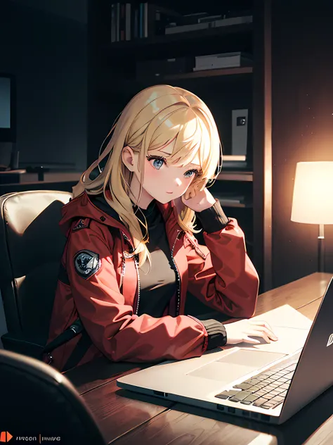 ****, 1girl, Red pirate jacket, blonde hair, Side view of the girl, using a laptop computer, sitting on a chair in a dark room, Laptop with desk lamp, Entering text on a laptop keyboard, Highest Quality, Amazing details, Masterpiece, (sharp focus:1.2), hig...