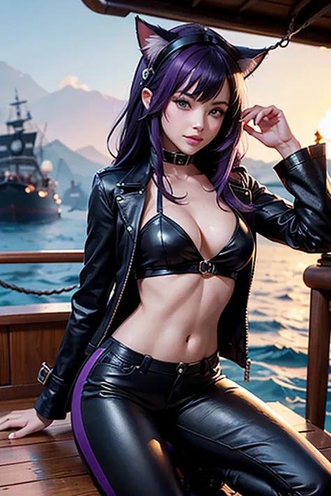 only one woman , Theres an adult woman On the deck of a Pirate Boat, 35 years old, Leather Pants, Boots , tight Shirt, Pirate Hat, Patch on eye, Long Coat , cat ears, Dark purple hair, black hair and purple streaks, cat ears on head, Petits seins, Petite P...