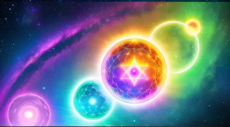 corpo astral, atmosfera de luz, cosmic energy, luzes coloridas, aura dorada, mente