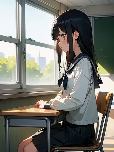 Best quality, (background is a school classroom), 1 girl, sitting on a school chair,((girl is looking at the window:1.3)), (girl is gazing outside from the classroom window), (classroom scene: 1.3), (During class:1.3),black long-sleeved sailor uniform, bla...