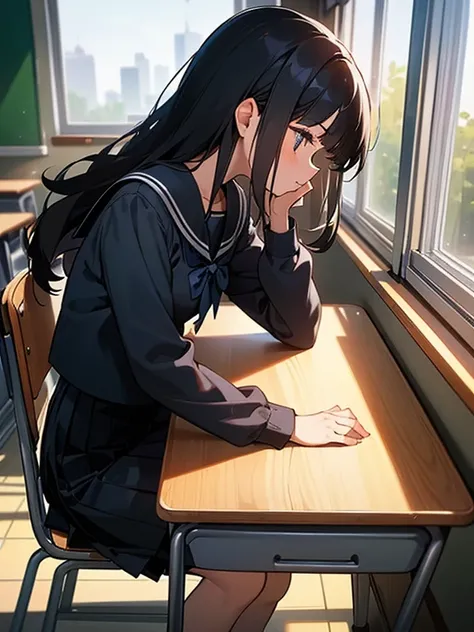 Best quality, (background is a school classroom), 1 girl, sitting on a school chair,((girl is looking at the window:1.3)), (girl is gazing outside from the classroom window), (classroom scene: 1.3), (During class:1.3),black long-sleeved sailor uniform, bla...