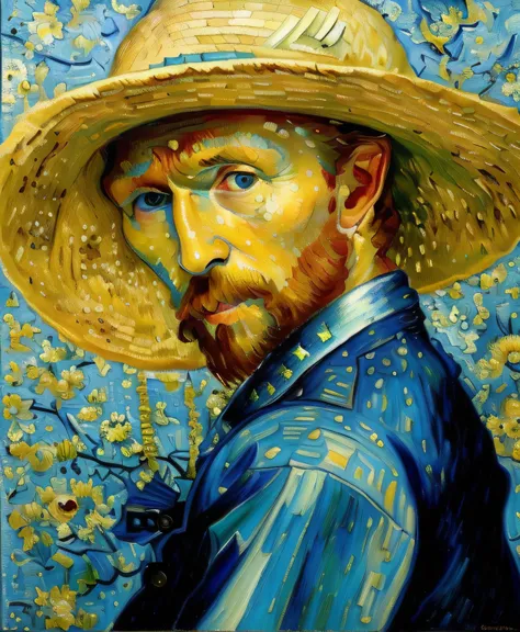 a close-up of a painting of a man with a straw hat, Estilo Vincent van Gogh, Estilo Van Gogh, Estilo de arte Van Gogh, em estilo de van gogh, inspirado em Vincent Lefevre, Vincent van Gogh!!!, Estilo de Van Gogh, inspirado em Van Gogh, inspirado em Vincent...