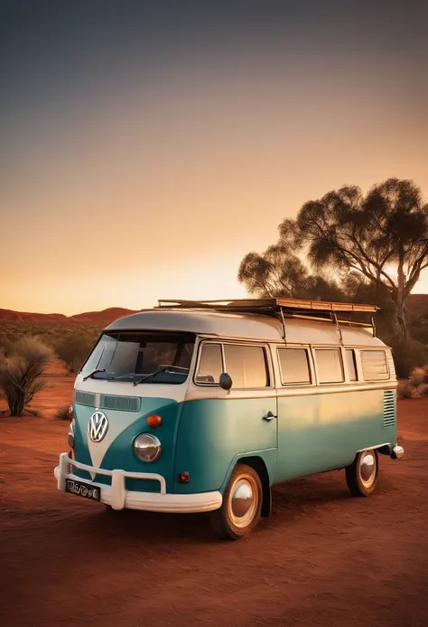 best quality,4k,8k,highres,masterpiece:1.2,ultra-detailed,realistic:1.37,VW kombi parked in front of australian outback homestead,[illustration,photography],vintage,classic,retro,desert,remote location,outback,blue sky,sandy terrain,red dirt,scenic,bush la...