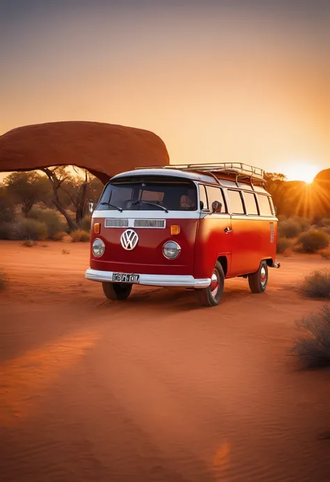 best quality,4k,8k,highres,masterpiece:1.2,ultra-detailed,realistic:1.37,VW kombi parked in front of australian outback homestead,[illustration,photography],vintage,classic,retro,desert,remote location,outback,blue sky,sandy terrain,red dirt,scenic,bush la...