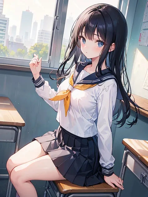 Best quality, (background is a school classroom), 1 girl, sitting on a school chair,((girl is looking at the window:1.3)), (girl is gazing outside from the classroom window), (classroom scene: 1.3), (During class:1.3),black long-sleeved sailor uniform, bla...