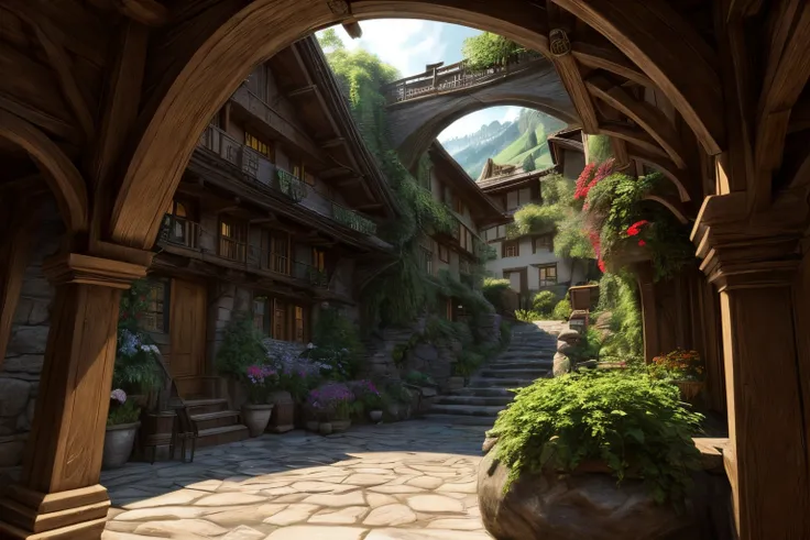 the hobbit, Tolkien, a medieval village in switzerland with river and pool, ornate, Beautiful, vibe, vibe, Flowers, concept art illustration, greg rutowski, voluminous lighting, sunbeams, Particles, oversaturate, Intricate, voluminous lighting, Beautiful, ...